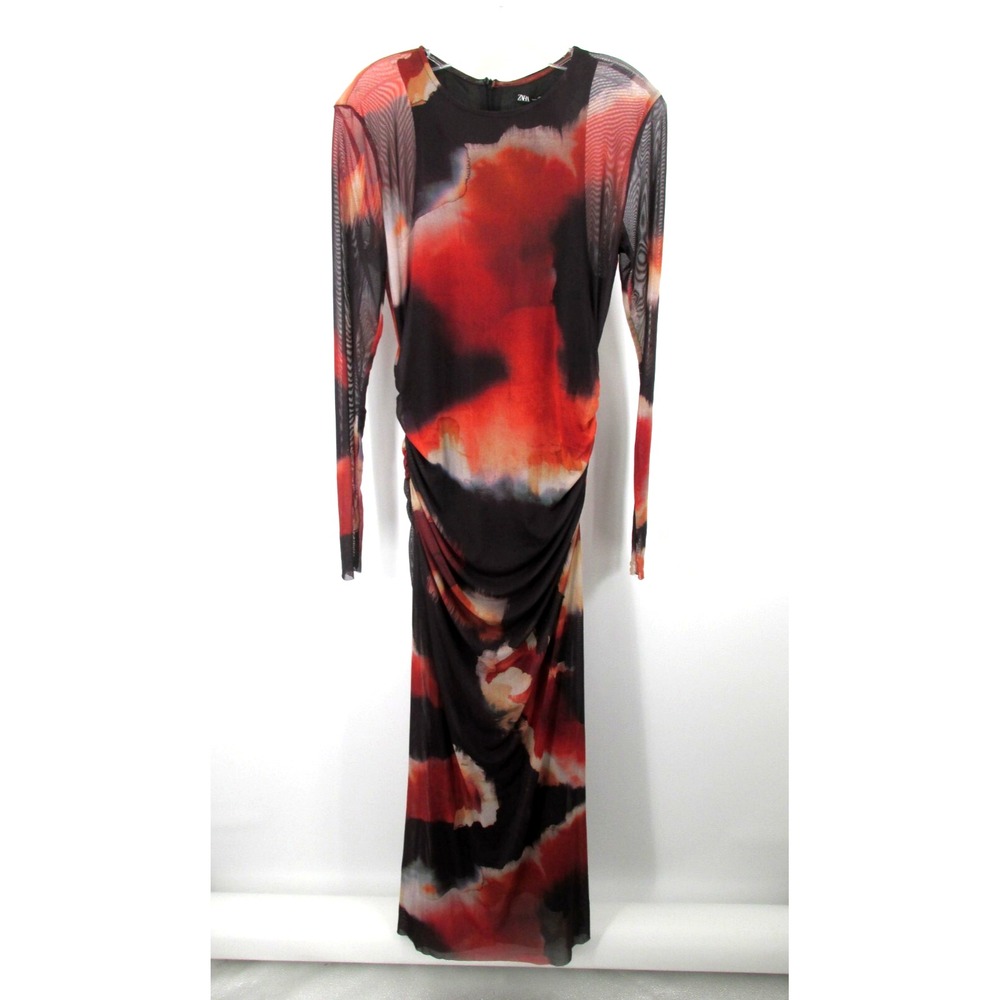 ZARA Maxi Bodycon Ruched Dress Women Large Tall Multicolor Artsy Lined Sheer